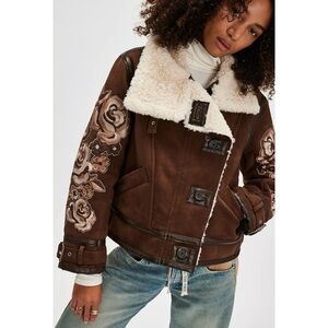 New Free People Andies Suede Vegan Embroidered Sherpa Lined Jacket Brown XS